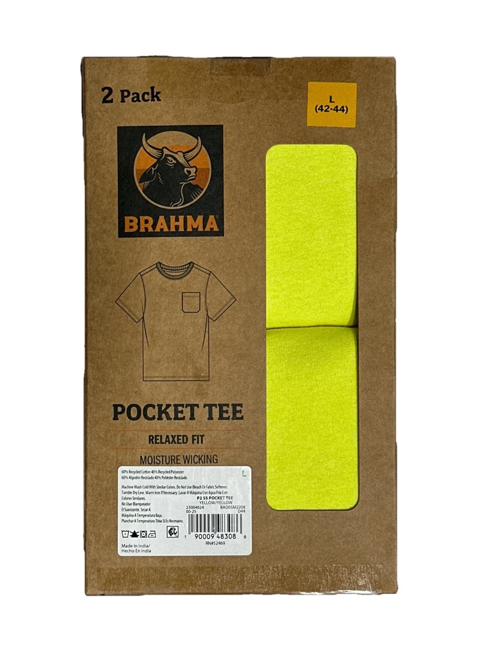 NEW BRAHMA Yellow Pocket T-Shirts 2-Pack Men’s Large 42-44 Relaxed Fit